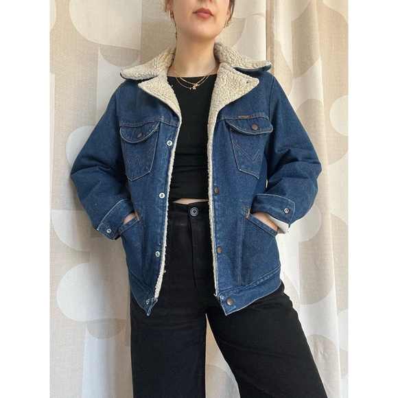 Vintage 1970s Wrangler Sherpa Indigo Denim Jacket - S - Picture 1 of 3